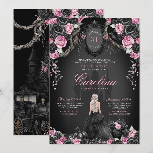 Invitation Éffrayante princesse gothique Halloween Quinceaner (Devant / Derrière)