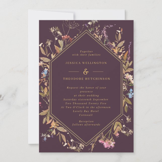 Invitation Eggplant Boho Fleur sauvage Gold Geo Mariage de ca (Devant)