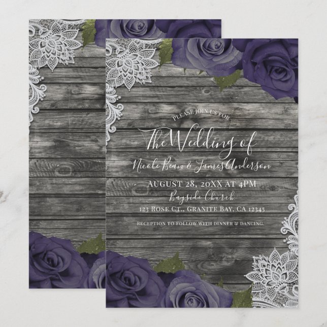 Invitation Eggplant Rose violet Russe Mariage de dentelle bla (Devant / Derrière)