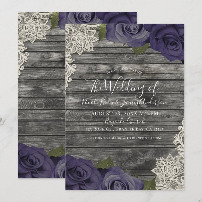 Invitation Eggplant violet Rose Russe Mariage dentelle en boi (Devant / Derrière)
