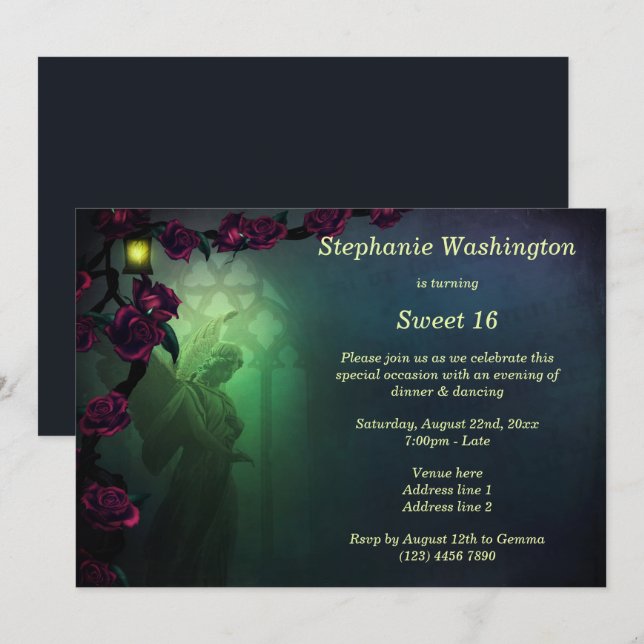 Invitation Église gothique Angel Fenêtre & Rose Sweet 16 (Devant / Derrière)