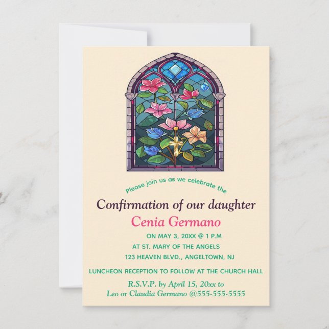 Invitation Eglise religieuse modifiable Fleurs de verre (Devant)