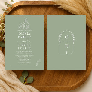 Invitation Église Religieux Sage Vert Ligne Art Mariage