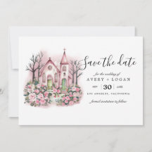 église rose aquarelle florale save the date
