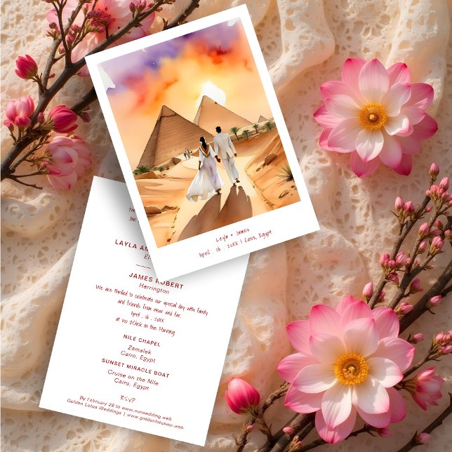 Invitation Egypt Pyramids Desert Wedding Couple Illustration (Egypt Pyramids Desert Wedding Couple Illustration Invitation Cards.)
