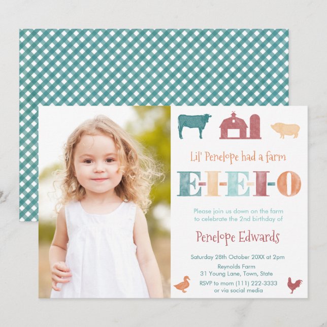 Invitation EIEIO Fall Vieux MacDonald Fille Anniversaire Phot (Devant / Derrière)