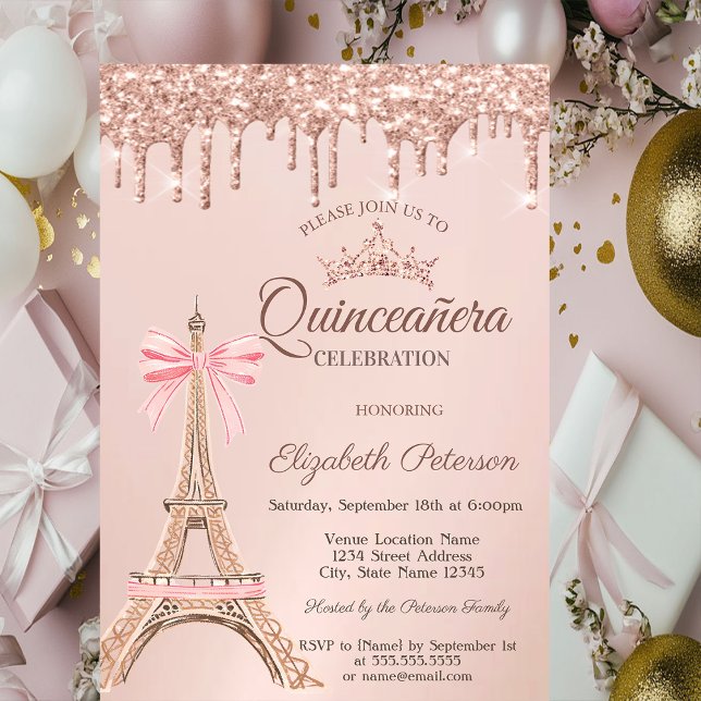 Invitation  Eiffel Tower,Bow Rose Gold Drips Quinceañera  (Créateur téléchargé)