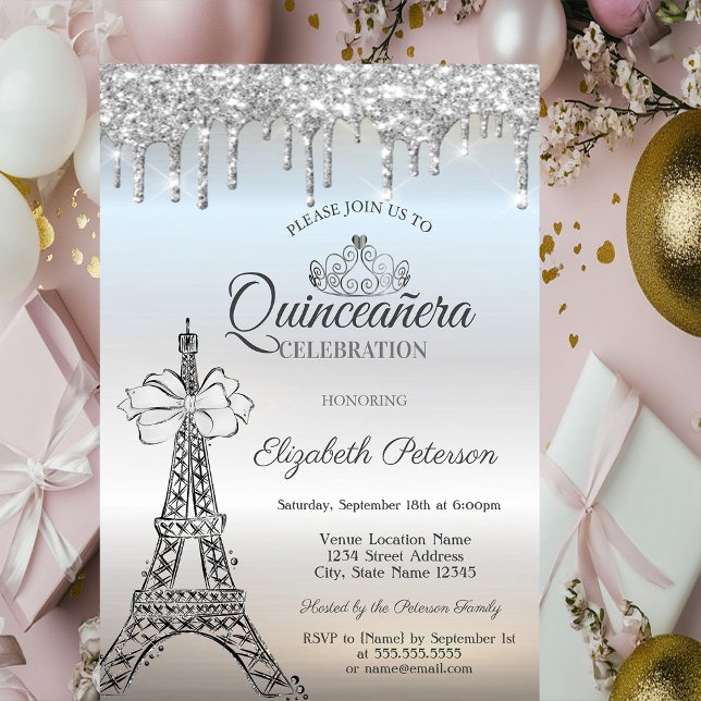 Invitation Eiffel Tower,Bow,Tiara,Drips Silver Quinceañera (Créateur téléchargé)