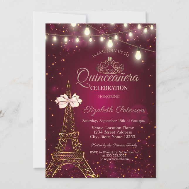 Invitation  Eiffel Tower,Bow,Tiara Lights Red Quinceañera  (Devant)