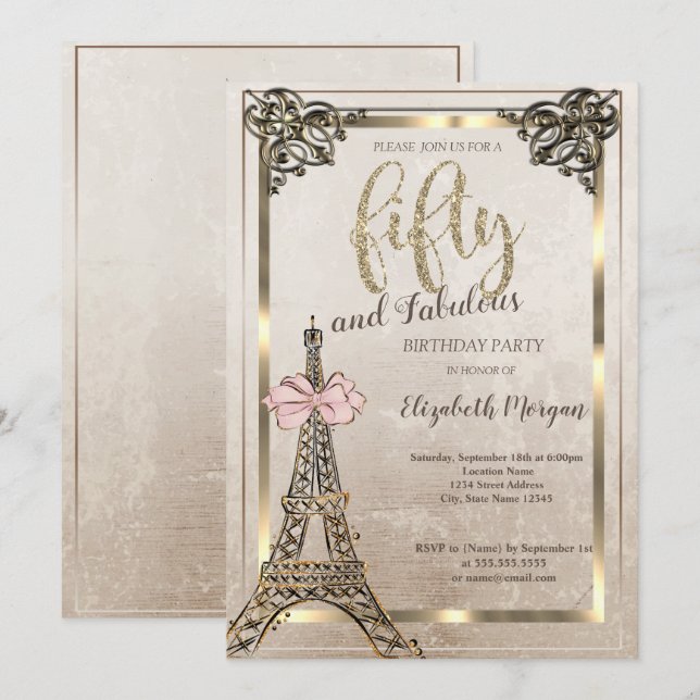 Invitation Eiffel Tower,Pink Bow Border 50th Birthday Party  (Devant / Derrière)