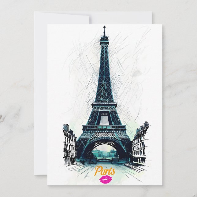 Invitation Eiffel Tower Sketch Print, Line Drawing, Paris (Devant)