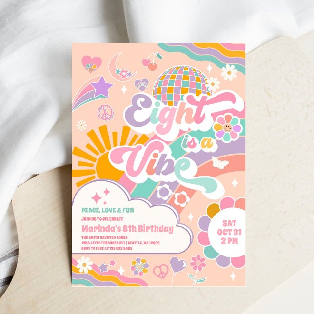 Invitation Eight Is A Vibe Sun Rainbow Disco 8th Birthday  (Créateur téléchargé)