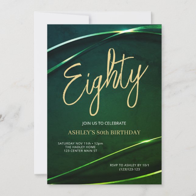 Invitation Eighty Emerald Green and Gold 80th Birthday (Devant)