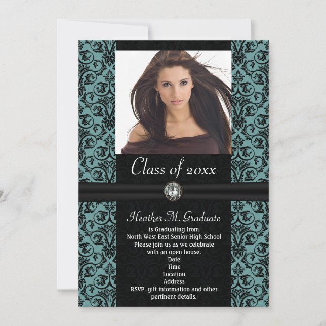 Invitation Elaborer Lt.Blue Damask Graduation (Devant)
