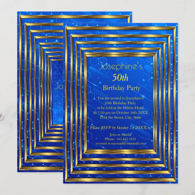 Invitation Electric Blue 50th Birthday Party Gold (Devant / Derrière)