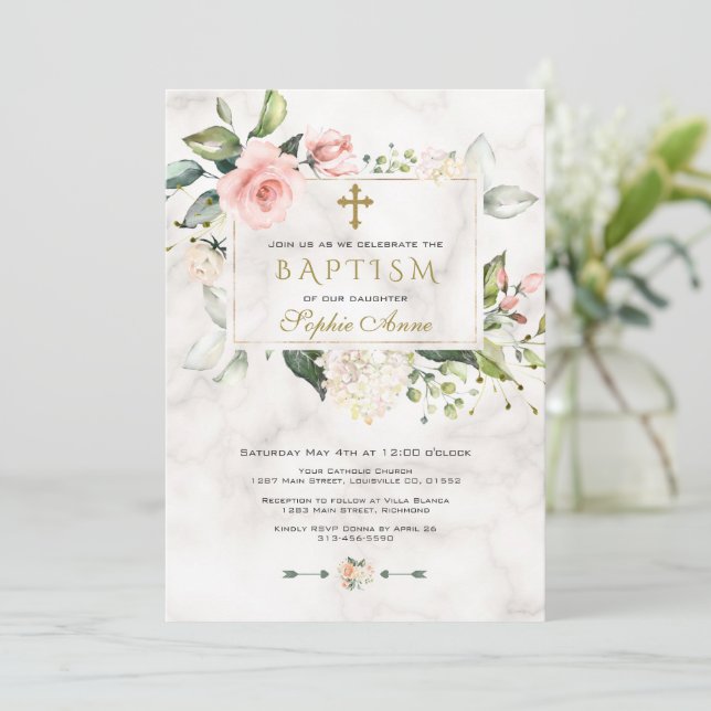 Invitation Elegan Blush rose Floral Marbre Gold Cross Baptism (Debout devant)