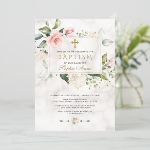 Invitation Elegan Blush rose Floral Marbre Gold Cross Baptism