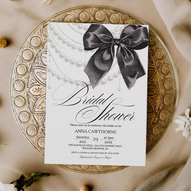 Invitation  Elegance Black Bow Pearls Bridal Shower Acrylic (Créateur téléchargé)