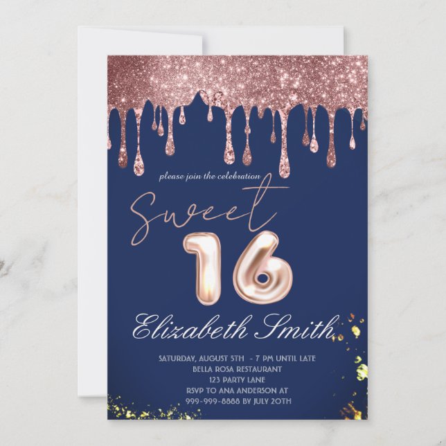 Invitation Elégance bleue, Rose Sweet sixteen de gouttes d'or (Devant)