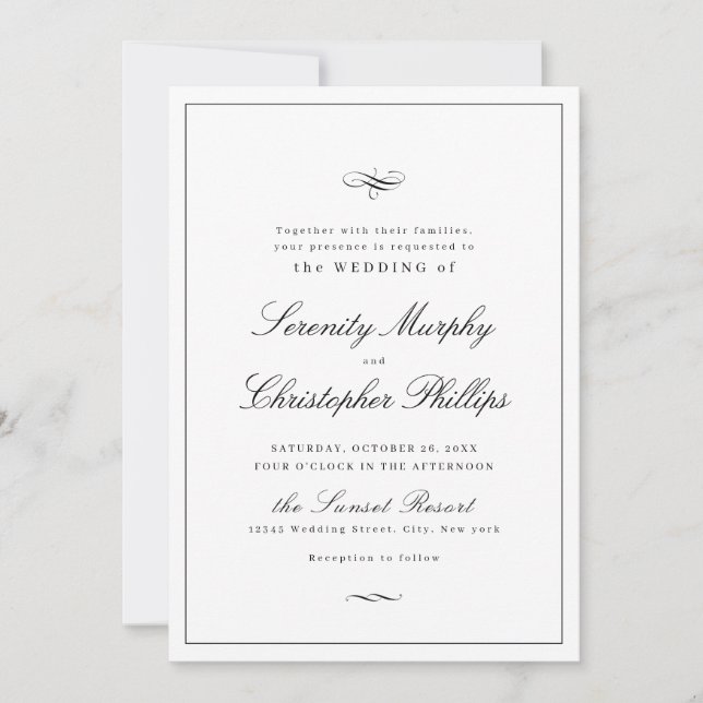 Invitation Élégance Classique Script Mariage noir et blanc da (Devant)