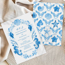 Élégance Côtière Bleue Mariage Aquarelle Marine