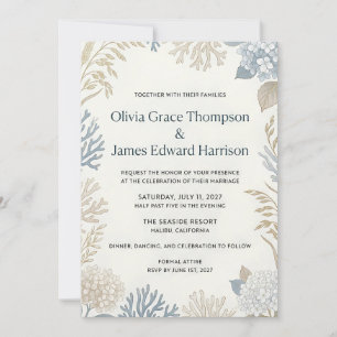 Invitation Élégance Côtière Mariage Botanique et Corail 
