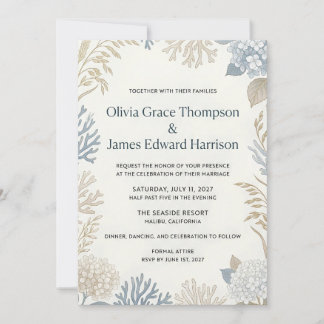 Invitation Élégance Côtière Mariage Botanique et Corail