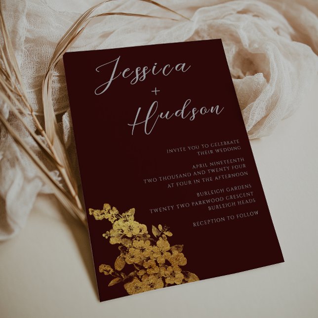 Invitation Elégance de luxe : Mariage floral bordeaux & or (Créateur téléchargé)