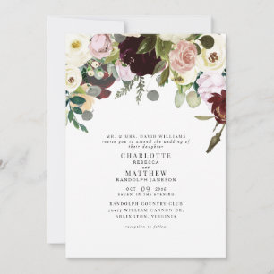 Invitation Elegance Dusty Rose & Mariage Floral Bourgogne