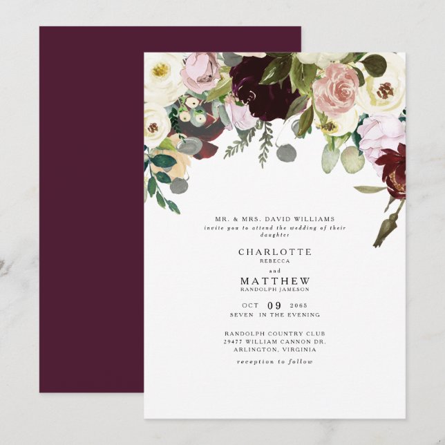 Invitation Elegance Dusty Rose & Mariage Floral Bourgogne (Devant / Derrière)