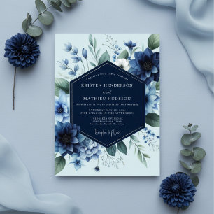 Invitation Élégance Florale Bleu Profond de Mariage