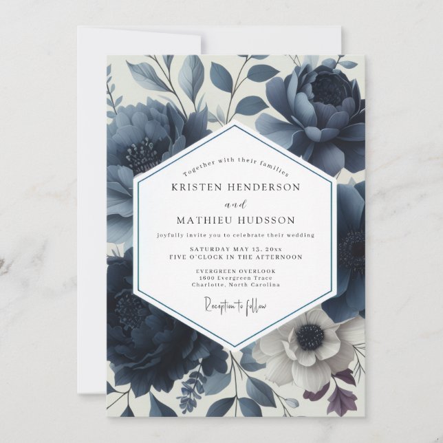 Invitation Élégance florale de mariage Deep Blue (Devant)