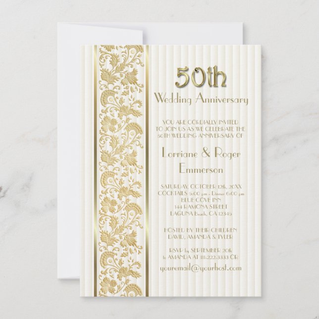 Invitation Élégance florale dorée 50e anniversaire de mariage (Devant)