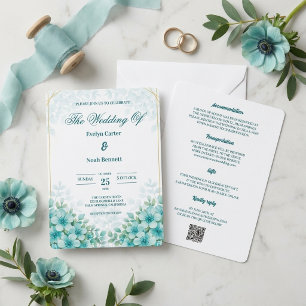 Invitation Élégance florale turquoise de mariage