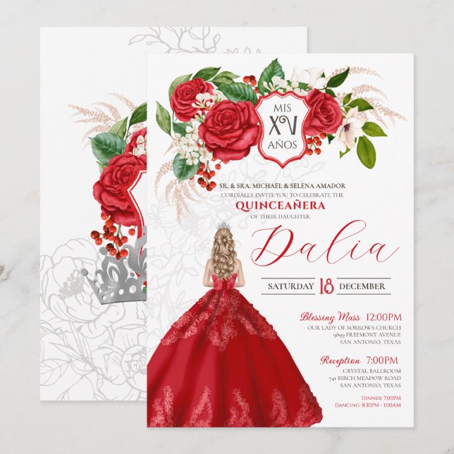 Invitation Élégance Gras Roses Rouges Crest Floral Quinceaner (Devant / Derrière)