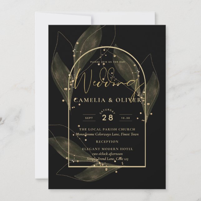 Invitation Élégance intemporelle Black Gold Mariage à thème (Devant)