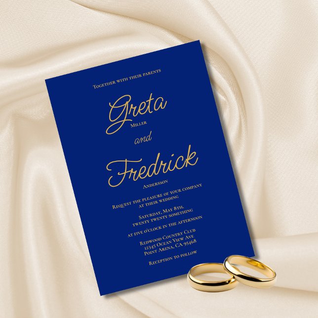 Invitation Élégance intemporelle Royal Blue Gold Script Maria (Créateur téléchargé)