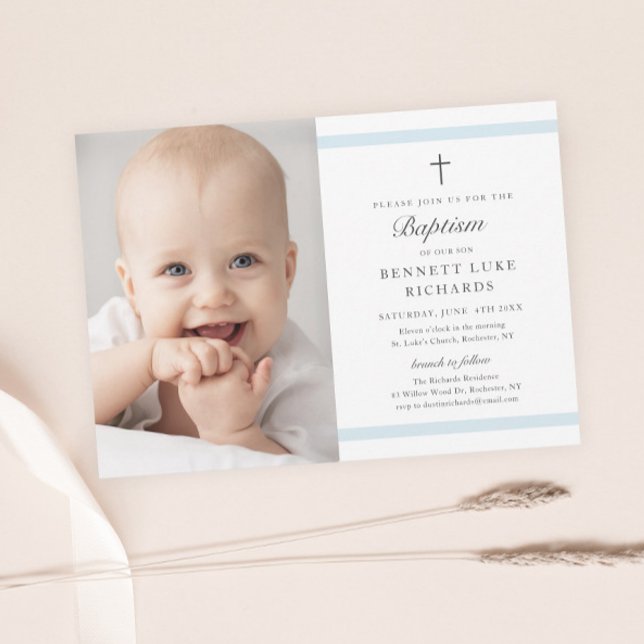 Invitation Elegance moderne garçons Photo Baptême (Modern boys photo baptism invitation with elegant script and minimal religious cross and typography.)