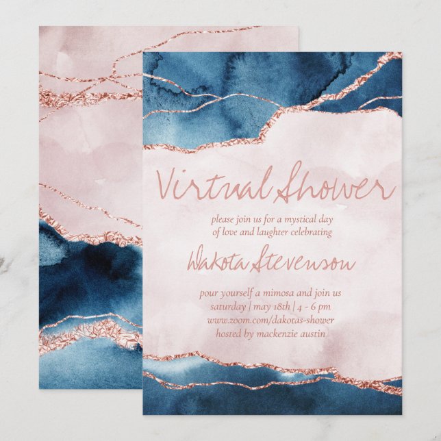 Invitation Élégance mystique | Agate rose bleu Douche virtuel (Devant / Derrière)