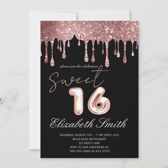 Invitation Élégance noire, Rose Sweet sixteen de gouttes d'or (Devant)