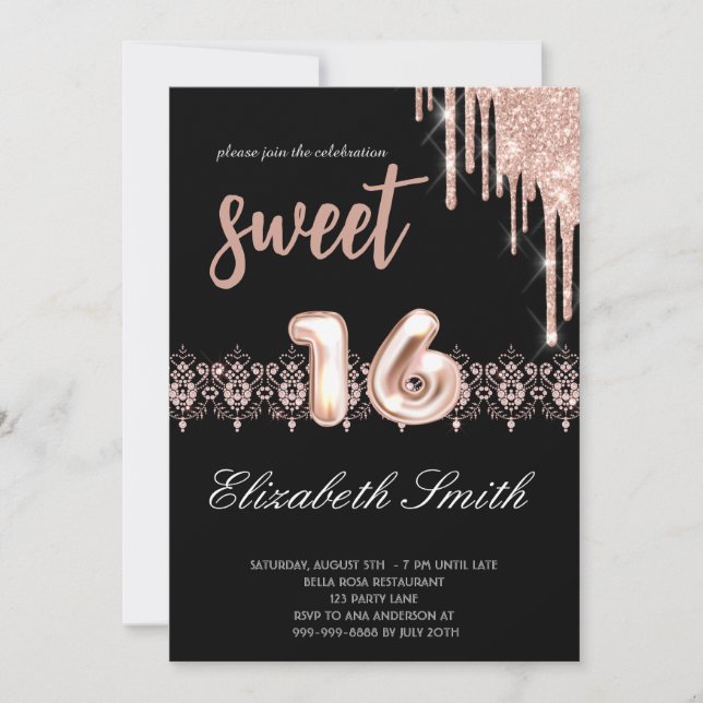 Invitation Elégance or noir, sweet sixteen or rose (Devant)