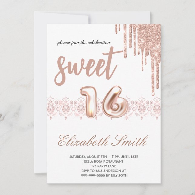 Invitation Elégance or rose, sweet sixteen or rose (Devant)