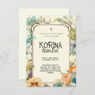 Invitation Élégance pure : Crème & Vert Simple Baptême Floral