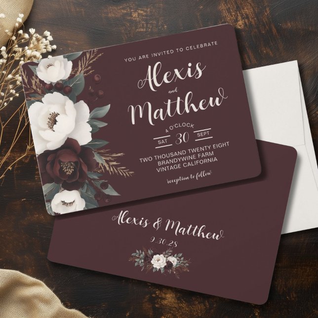 Invitation Elégance Rustique Bourgogne Floral Mariage (Rustic Elegance Burgundy Boho Wedding Invitation, Winter Wedding, Country Chic)