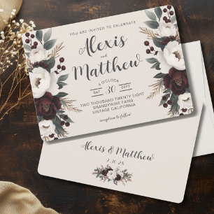 Invitation Elégance Rustique Creme & Mariage Floral Bourgogne
