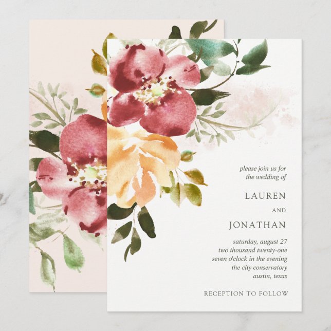 Invitation Élégance rustique | Mariage floral (Devant / Derrière)