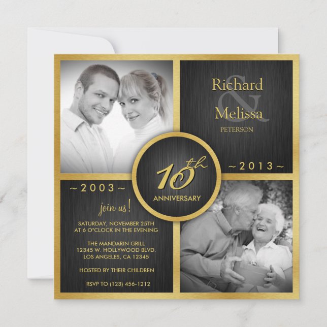 Invitation Élégant 10e anniversaire de Mariage noir et or (Devant)