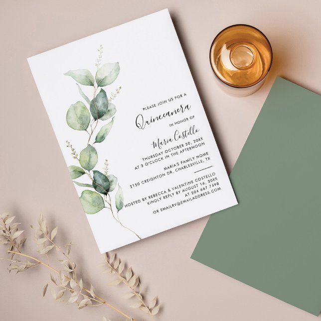 Invitation Elégant 15ème anniversaire Eucalyptus Quinceanera (Quinceanera Greenery Watercolor 15th Birthday Party Invitation)