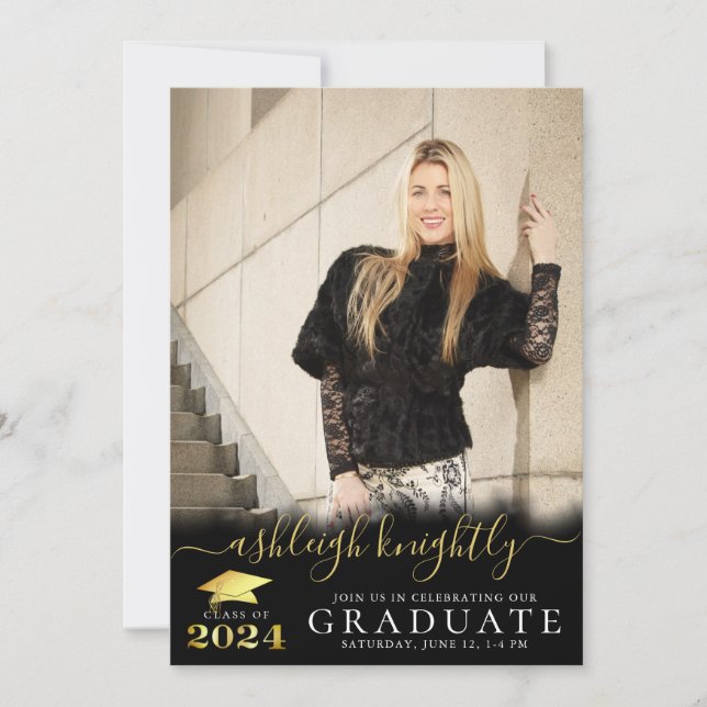 Invitation Élégant 2024 Faux Metallic Gold Script 2 Photos (Devant)