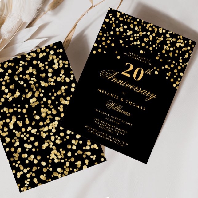 Invitation Élégant 20e anniversaire de Mariage noir et or (Créateur téléchargé)